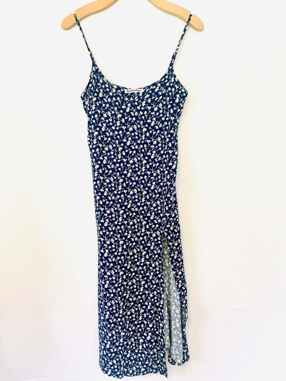 Reformation Navy Floral Slip Dress with Side Slit